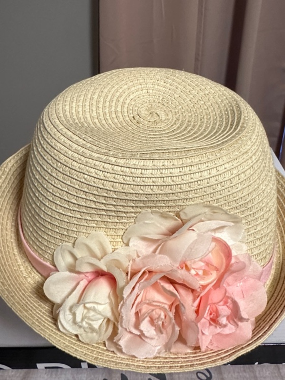 The Children's Place Cream Straw Sun Hat with Pink Floral Cluster